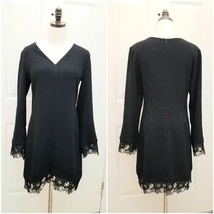 NWT Aqua Black Lace Trim Long Sleeve Mini Party Cocktail Evening Dress. Large.